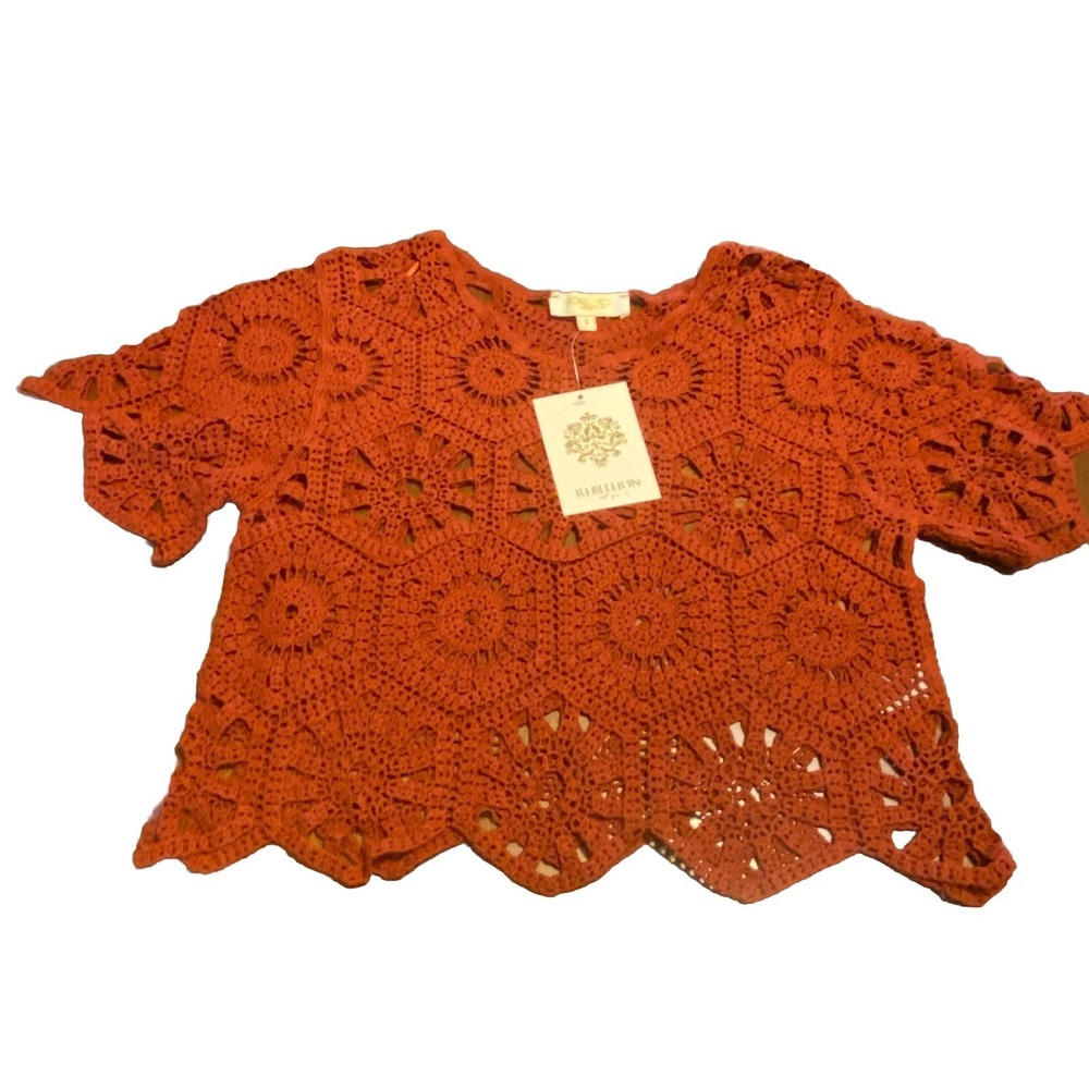 Cottage Crochet Top Fairy Burnt Orange Scalloped Hem Sz S NWT Boho Chic Fest
